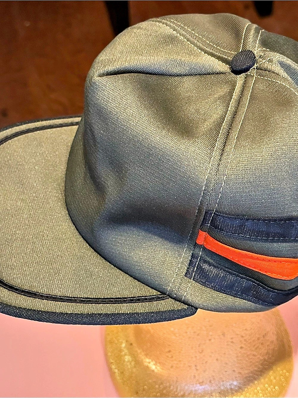 Vintage 80s 3 Stripe 6 Panel Snapback Hat Olive Green Made USA